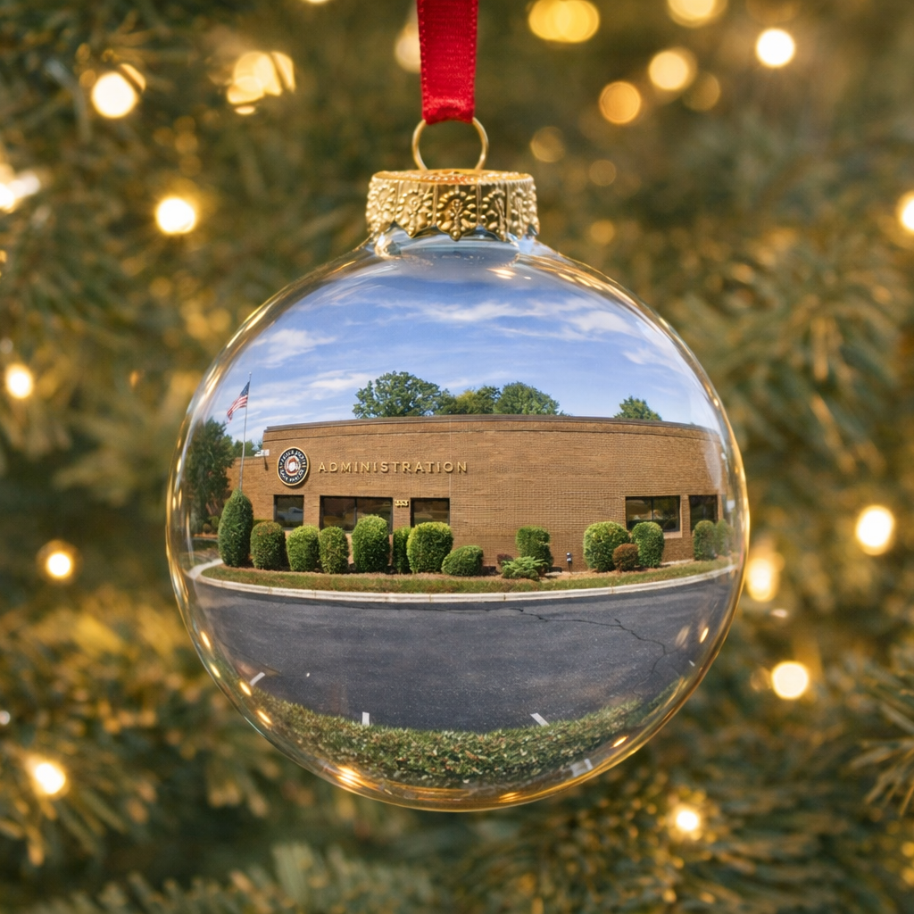 Glass ornament with administration building reflection